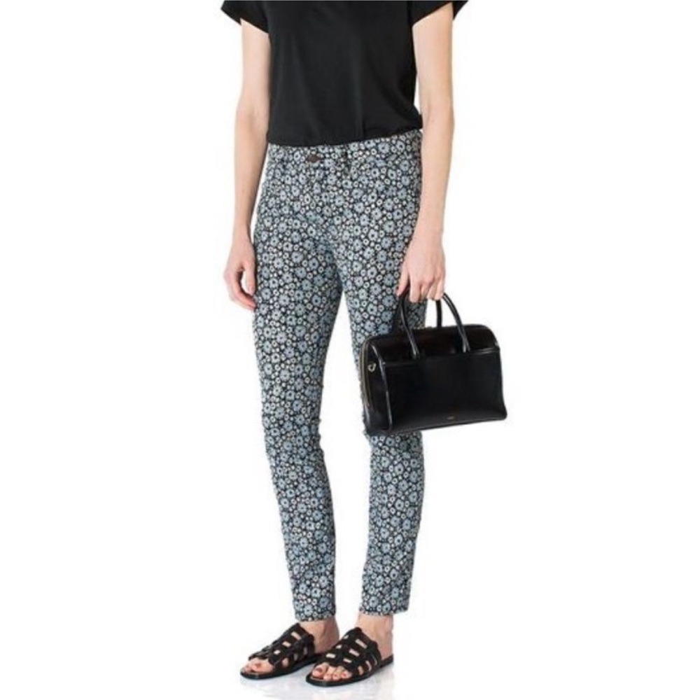 6397 Black With‎ White Blue Floral Pattern Shimmer Cotton Blend Skinny Pants 24